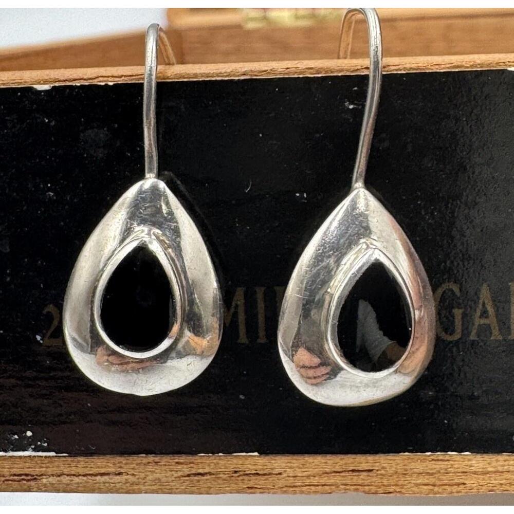 Vintage Artisan Sterling Silver Black Onyx Teardrop Dangle Boho Earrings